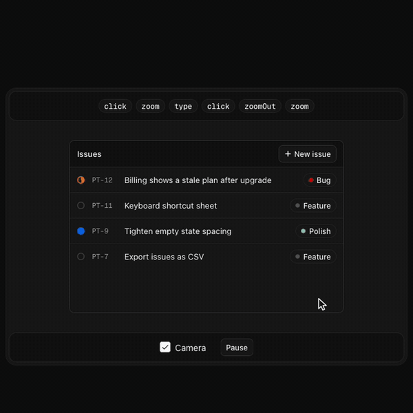 Playthru driving a live issue tracker: the cursor opens the composer and types, a real mouse takes over, then the demo resumes
